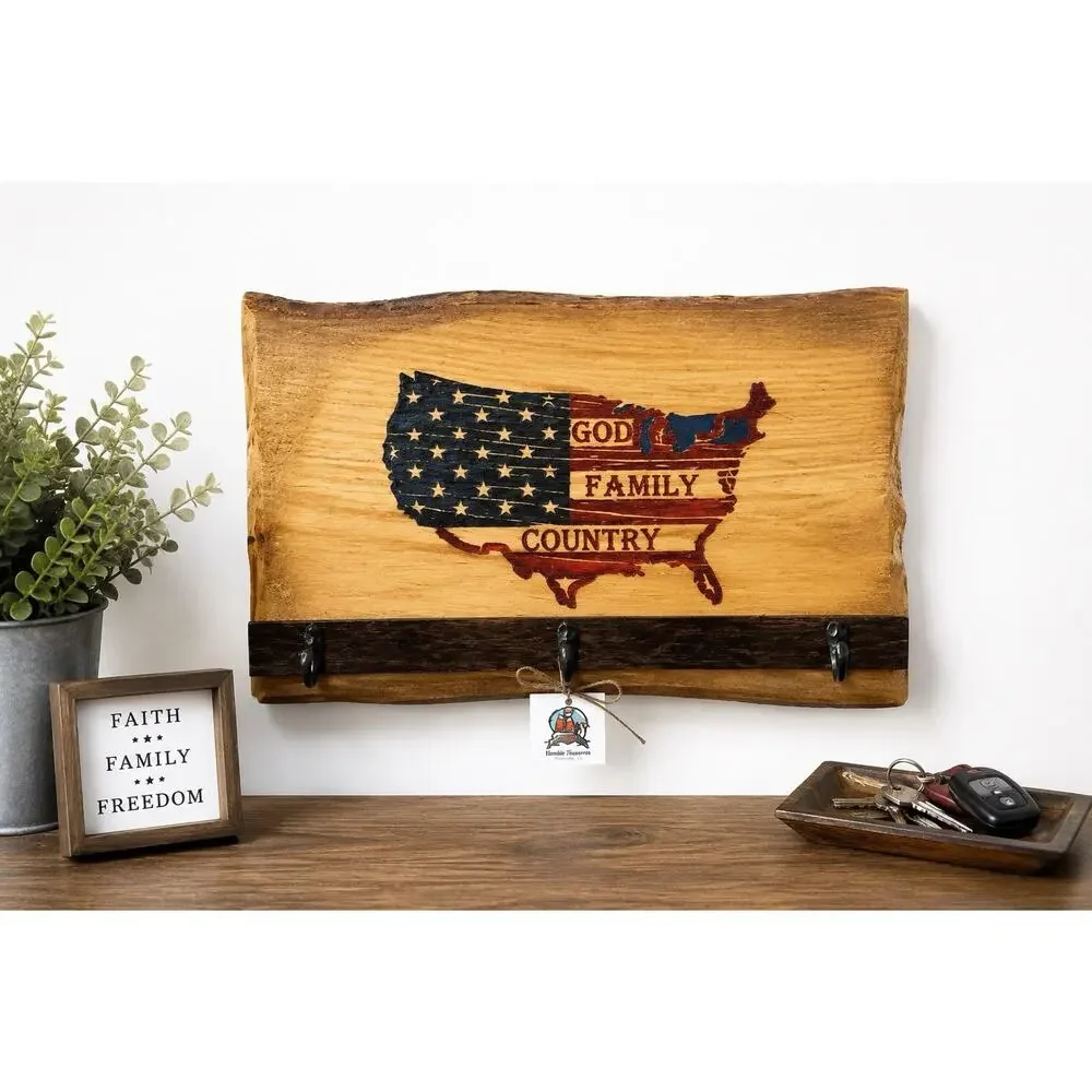 Live Edge Wooden Key Holder Wall Rack God Family Country USA Flag 3 Hooks